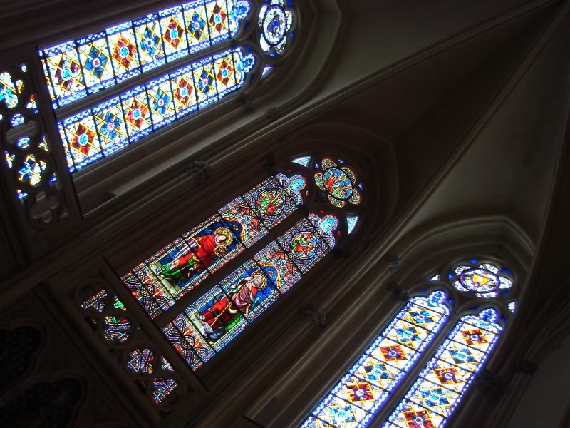 Elevated Perspective of a Stained Glass Cathedral Interior