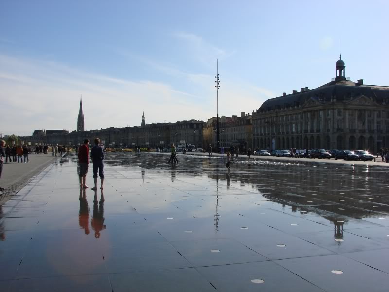 Reflective Puddle in a European City Square